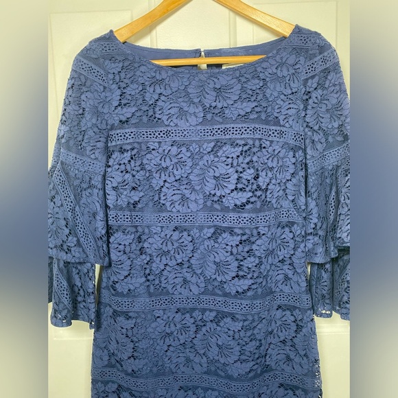 Eliza J Size 2 Navy Blue Lace Sheath Dress Fully Lined Bell Sleeves GUC … - Picture 2 of 15